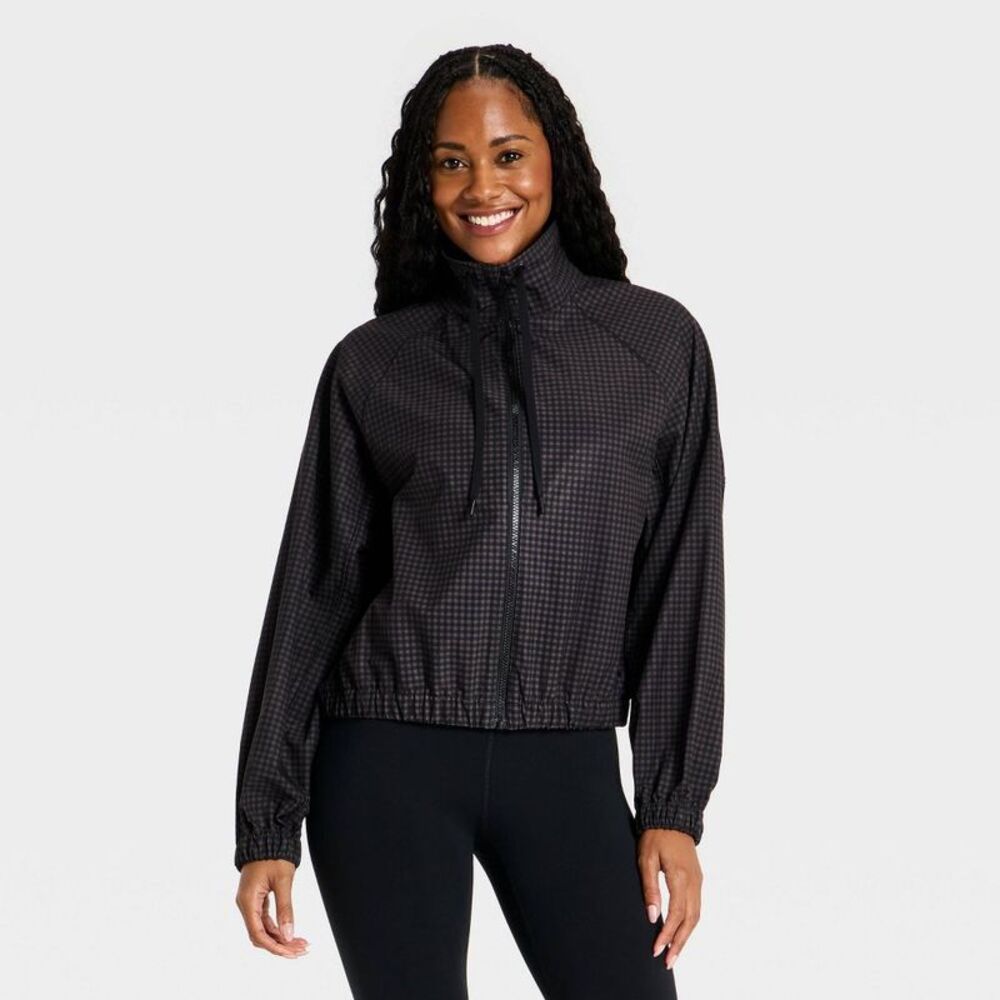 Women's Picot Trim Windbreaker Jacket - All In Motion Black Gingham Print L
